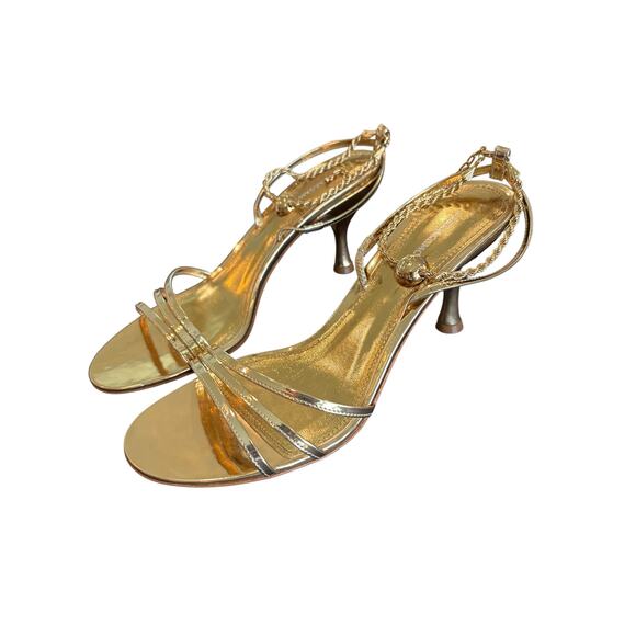 Ferragamo Denise Sandals Heel Chain Ankle Strap 70mm Metallic Gold Party Sz 7 - Picture 5 of 14